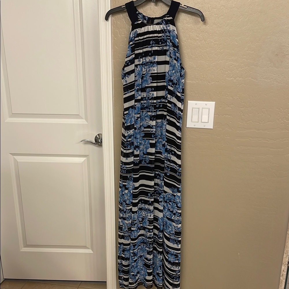 Enfocus Studio Blue and Black Halter Maxi Sundress